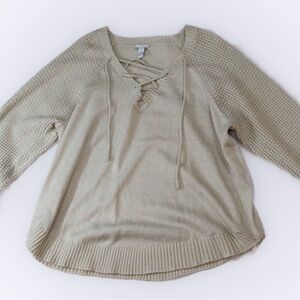 Rue21 Light Tan Knit Sweater with Lace-Up Neckline